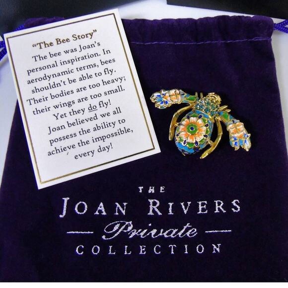 New Joan Rivers CLOISONNE BEE PIN Brooch Crystal Rhinestones Enameled Gold Boxed - Picture 4 of 8